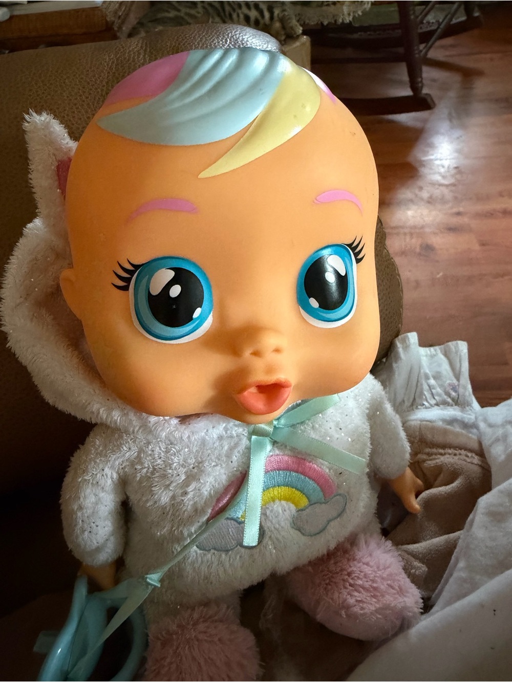 Plush Crying Baby Doll in White Rainbow Hoodie with Blue Eyes